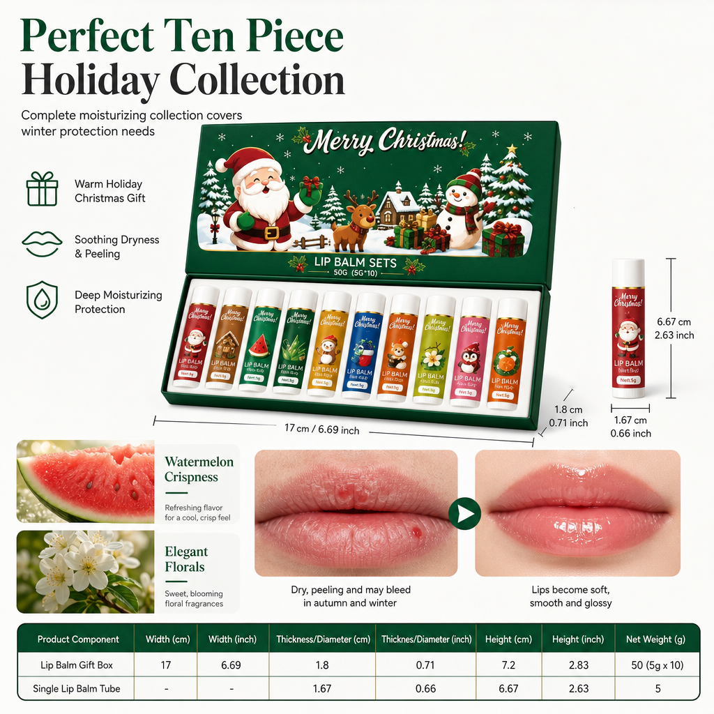 Christmas lip balm set dimensions and ten piece collection